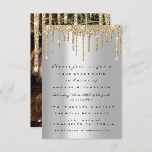 Invitation Parties scintillant Gris or  gouttes Anniversaire  (Devant / Derrière)