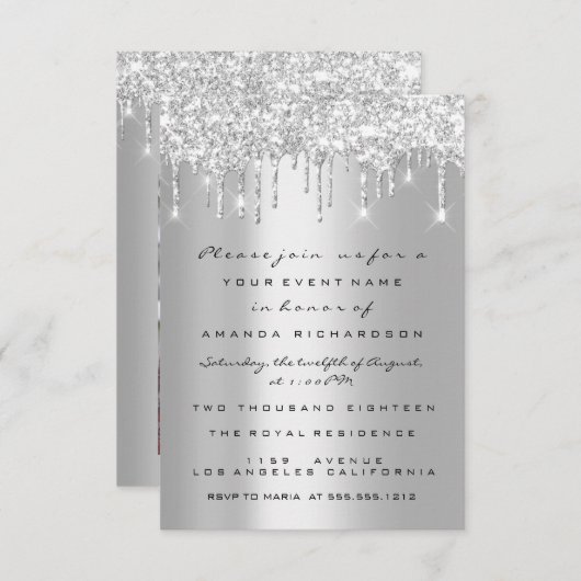 Invitation Parties scintillant grise gouttes d'argent nuptial (Devant / Derrière)