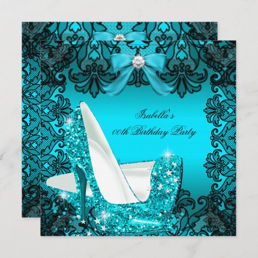 Invitation Parties scintillant hauts talons Turquoise Bow noi (Devant / Derrière)
