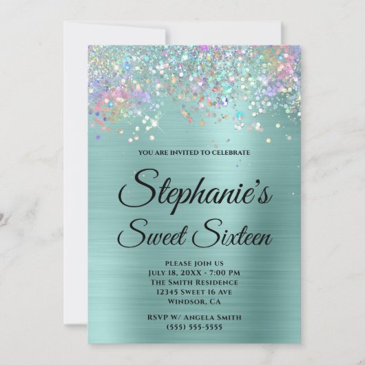Invitation Parties scintillant Holo Pale Turquoise Sweet sixt (Devant)
