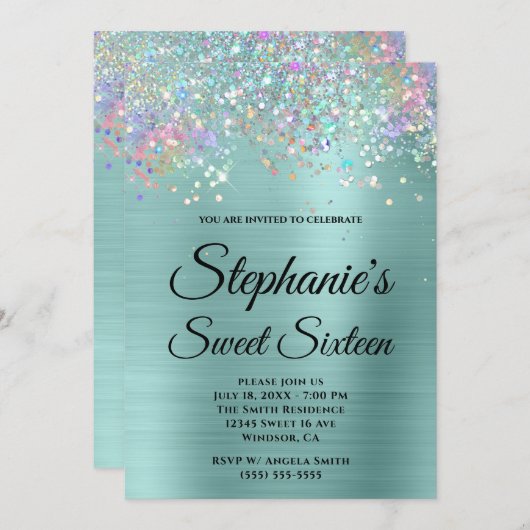 Invitation Parties scintillant Holo Pale Turquoise Sweet sixt (Devant / Derrière)