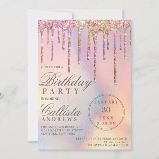 Invitation Parties scintillant holographique arc-en-ciel Drit (Devant)