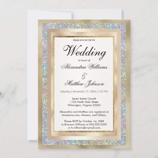 Invitation Parties scintillant holographique en argent Mariag (Devant)