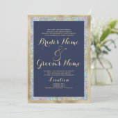 Invitation Parties scintillant holographique en or bleu marin (Debout devant)