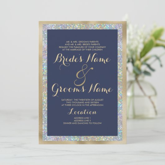 Invitation Parties scintillant holographique en or bleu marin (Debout devant)