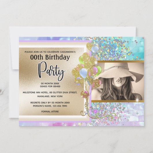 Invitation Parties scintillant holographique en or rose confe (Devant)