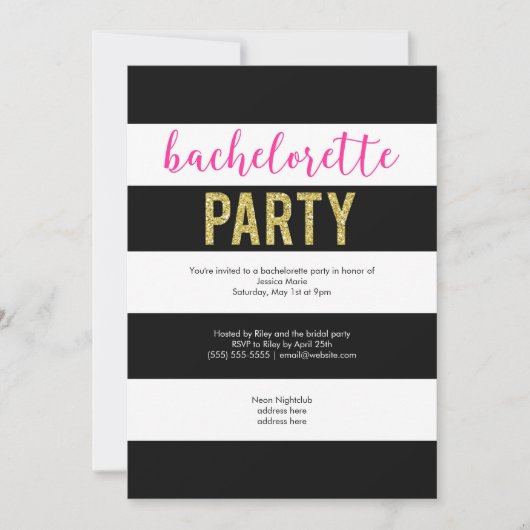 Invitation Parties scintillant Hot Pink Black Stripes Bachelo (Devant)