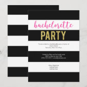 Invitation Parties scintillant Hot Pink Black Stripes Bachelo (Devant / Derrière)