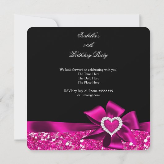 Invitation Parties scintillant Hot rose Coeur Bow Noir Annive (Dos)