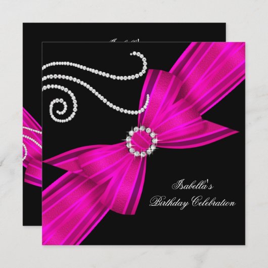 Invitation Parties scintillant Hot rose Diamond Bow Noir Anni (Devant / Derrière)
