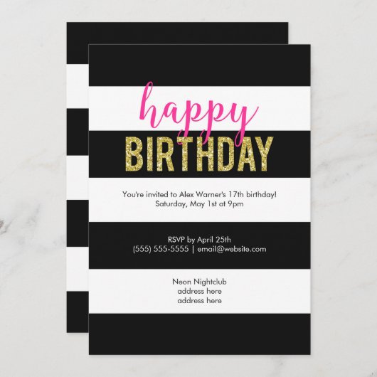 Invitation Parties scintillant Hot rose noir rayures Annivers (Devant / Derrière)
