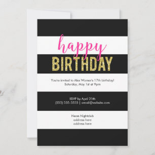 Invitation Parties scintillant Hot rose noir rayures Annivers