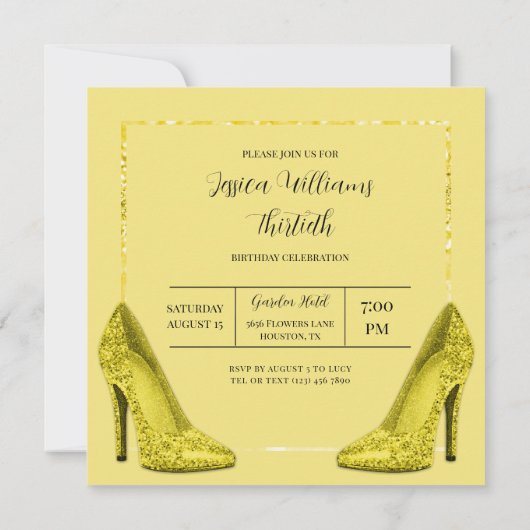 Invitation Parties scintillant jaune Bokeh & Stilettos Annive (Dos)