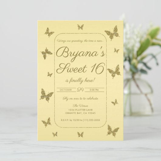 Invitation Parties scintillant jaune et or Papillon doux 16 P (Debout devant)