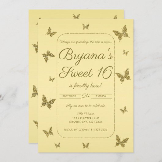 Invitation Parties scintillant jaune et or Papillon doux 16 P (Devant / Derrière)