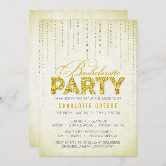 Invitation Parties scintillant Jaune Look Bachelorette Party (Devant / Derrière)