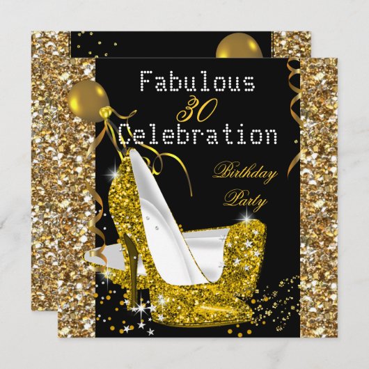 Invitation Parties scintillant jaune or talons fête d'anniver (Devant / Derrière)