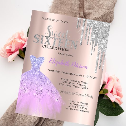 Invitation Parties scintillant, Lavander robe Rose Gold Sweet