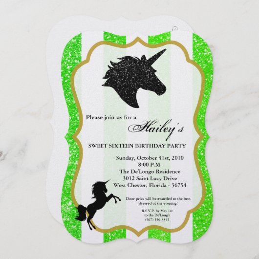 Invitation Parties scintillant Lime Unicorn Sweet 16 Annivers (Devant / Derrière)