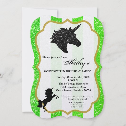Invitation Parties scintillant Lime Unicorn Sweet 16 Annivers (Devant)