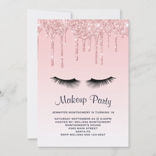 Invitation Parties scintillant liquide rose moderne et cils A (Devant)