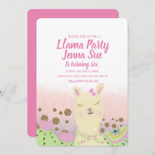 Invitation Parties scintillant Llama Anniversaire de fête Doo (Devant / Derrière)