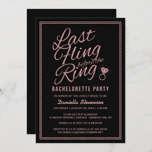 Invitation Parties scintillant Look Dernier Fling Bachelorett (Devant / Derrière)