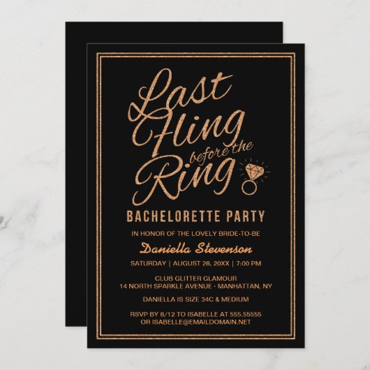 Invitation Parties scintillant Look Dernier Fling Bachelorett (Devant / Derrière)