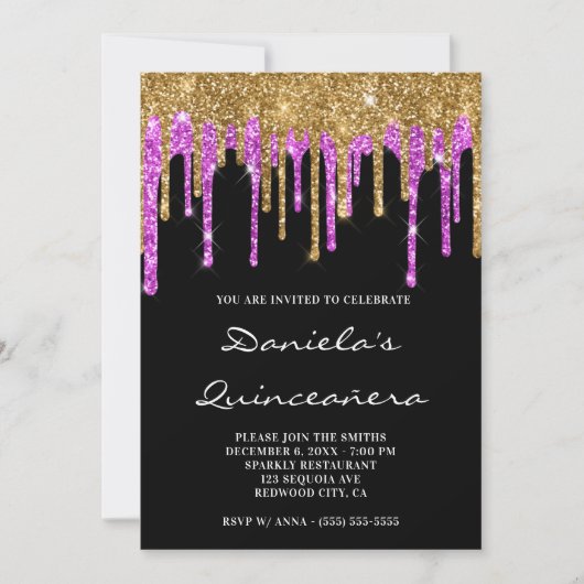 Invitation Parties scintillant Magenta Or gouttes Quinceañera (Devant)