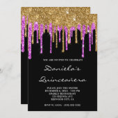 Invitation Parties scintillant Magenta Or gouttes Quinceañera (Devant / Derrière)