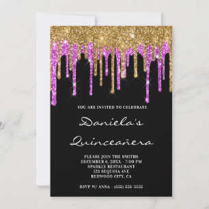 Invitation Parties scintillant Magenta Or gouttes Quinceañera
