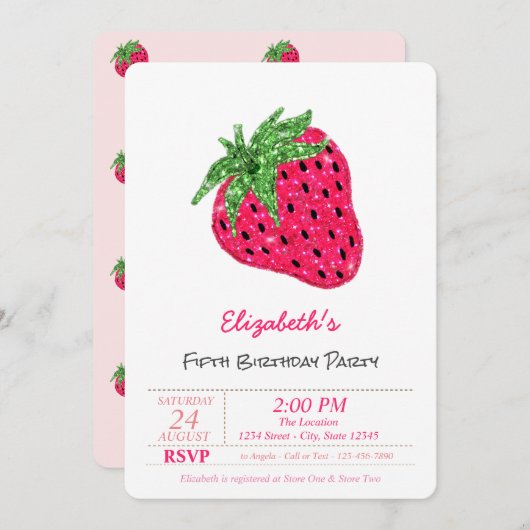 Invitation Parties scintillant magique fraise Anniversaire (Devant / Derrière)