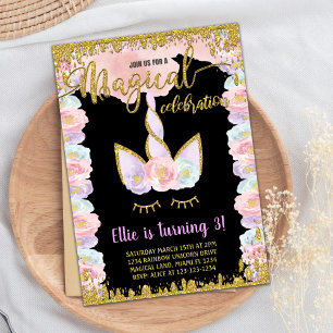 Invitation Parties scintillant magique noire Unicorn Invitati
