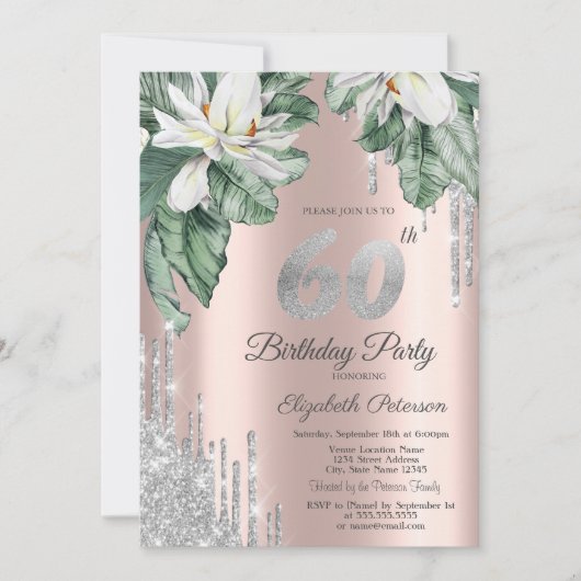 Invitation Parties scintillant Magnolia Silver Drips Rose Gol (Devant)