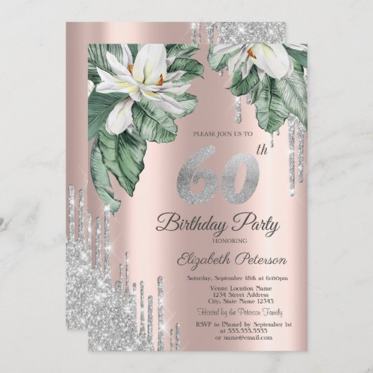 Invitation Parties scintillant Magnolia Silver Drips Rose Gol (Devant / Derrière)