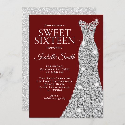 Invitation Parties scintillant Maroon Sweet sixteen Invitatio (Devant / Derrière)