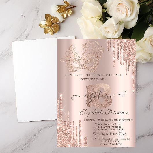 Invitation Parties scintillant Masque Drips Rose Gold 18e ann