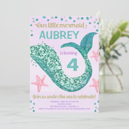 Invitation Parties scintillant Mermaid queue rose violet turq (Debout devant)