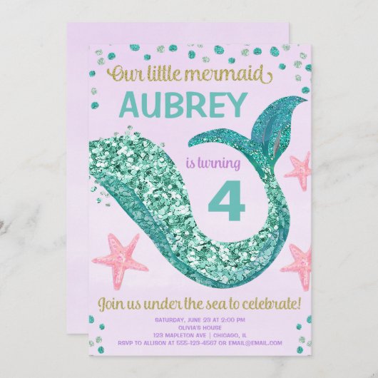 Invitation Parties scintillant Mermaid queue rose violet turq (Devant / Derrière)