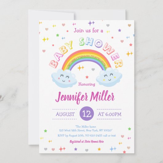 Invitation Parties scintillant mignonne arc-en-ciel nuages co (Devant)