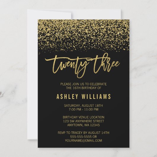 Invitation Parties scintillant moderne Black Faux Gold 23e an (Devant)