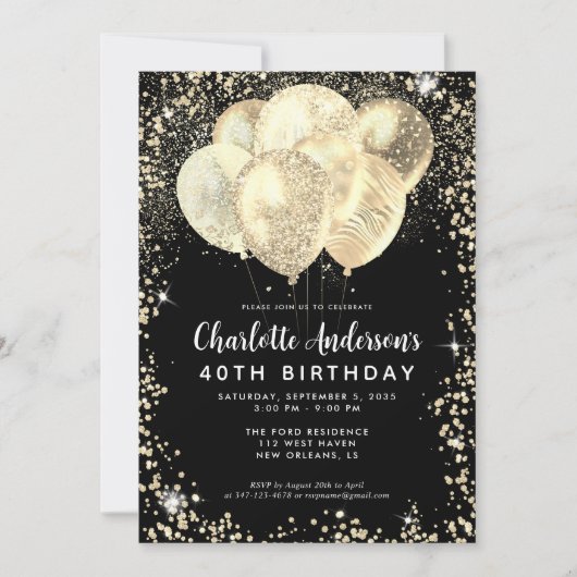 Invitation Parties scintillant moderne Black Gold Glam Balloo (Devant)