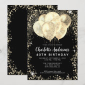 Invitation Parties scintillant moderne Black Gold Glam Balloo (Devant / Derrière)