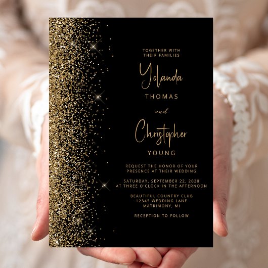 Invitation Parties scintillant moderne Black Gold Mariage ten