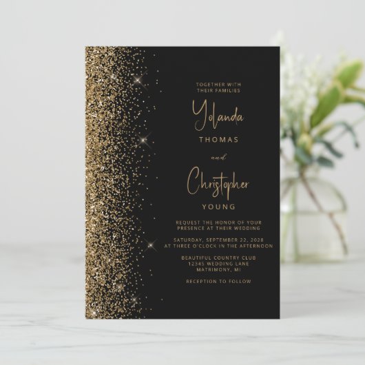 Invitation Parties scintillant moderne Black Gold Mariage ten (Debout devant)