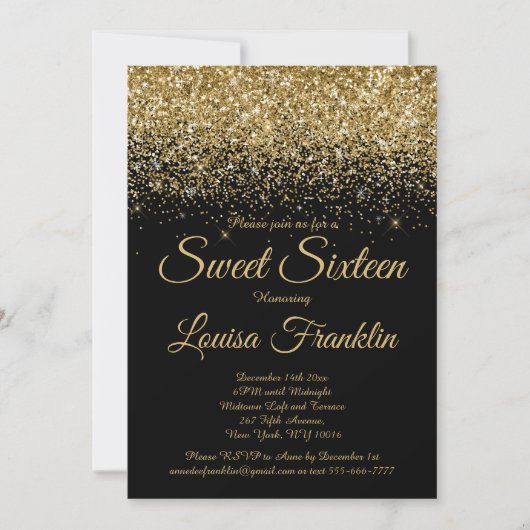 Invitation Parties scintillant moderne Black & Gold Sweet 16  (Devant)