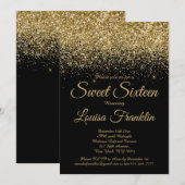 Invitation Parties scintillant moderne Black & Gold Sweet 16  (Devant / Derrière)