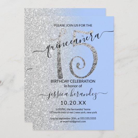 Invitation Parties scintillant moderne bleu argent Ombre Quin (Devant / Derrière)