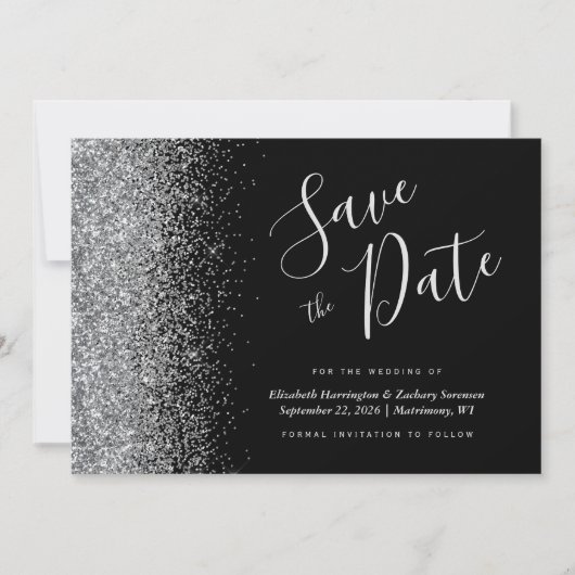 Invitation Parties scintillant moderne en argent noir Enregis (Devant)