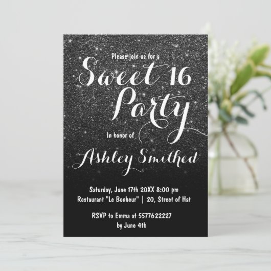 Invitation Parties scintillant moderne en faux noir gris fonc (Debout devant)